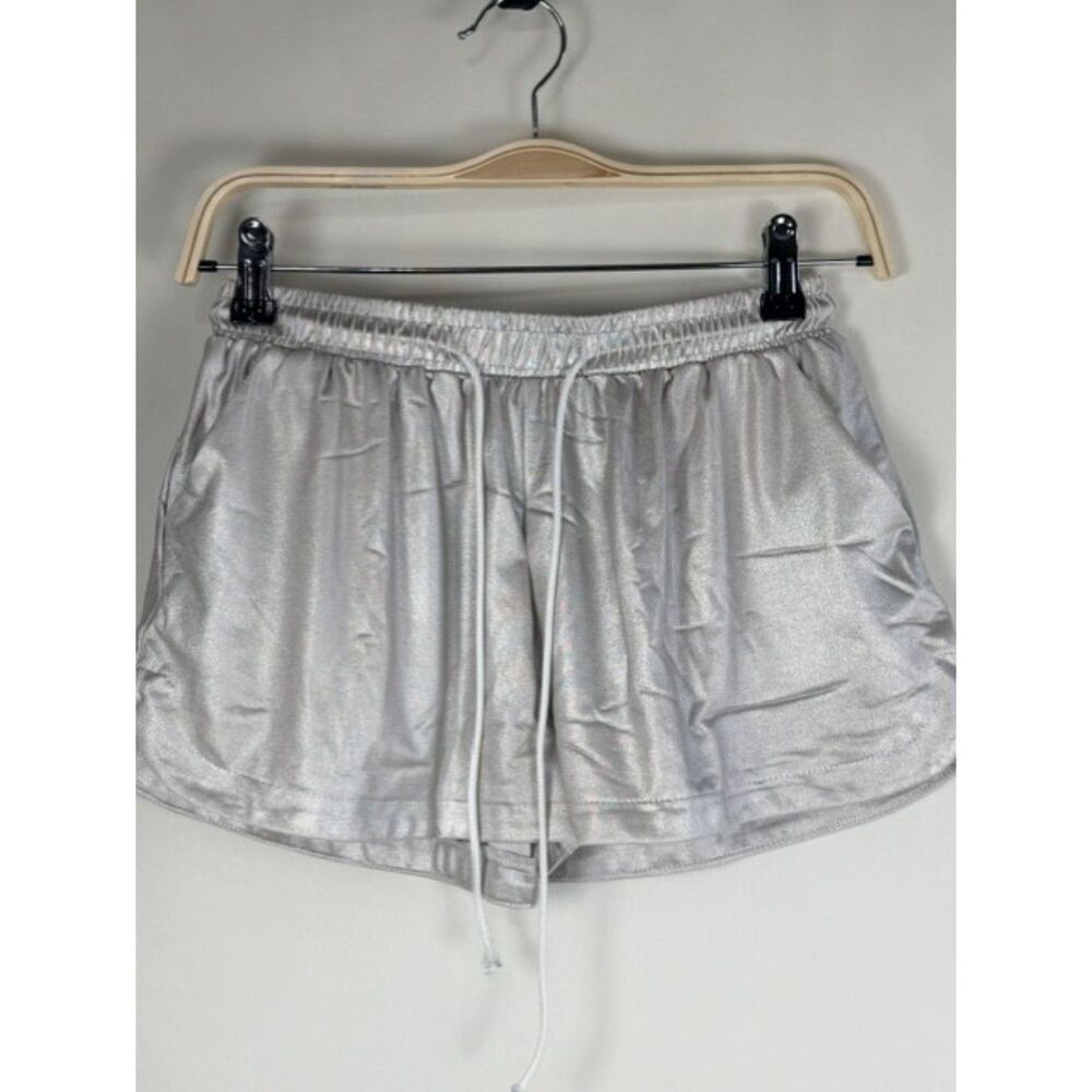 Silver Metallic Lounge Shorts Small Elastic Waist Drawstring Shimmer Athletic